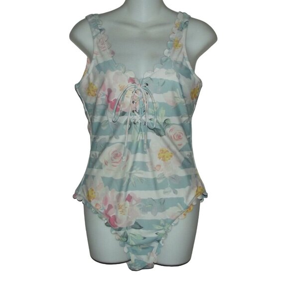 CUPSHE One Piece Swimsuit Womens Large lace up v-neck scalloped green coral pink - Picture 1 of 9